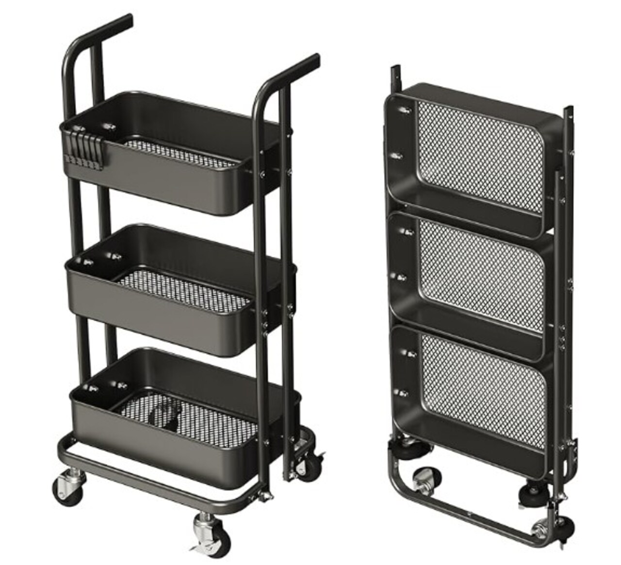 Mini 3 Tier Foldable Rolling Cart, Metal Utility Cart with Wheels, 3 Hanging Cups and 6 Hooks, Folding Trolley for Living Room, Kitchen, Bathroom, Bedroom and Office, Black (Small)